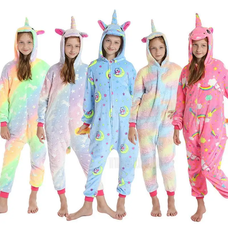 2021 Children Animales Cartoon Sleepwears Kids Boy Kigurumi Rainbow Unicorn Pajamas Boy Halloween Costume Jumpsuit 4 6 8 10 12Y