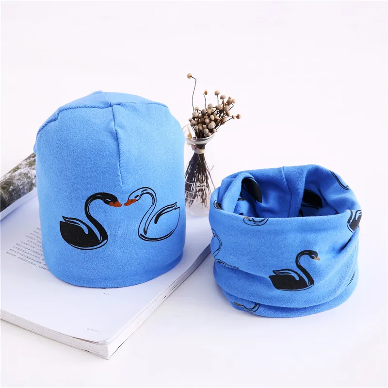 Весенне-осенняя шапка для девочек, шарф, комплект с рисунком совы, звезды, лебедя, Детские шапочки, комплект из 2 предметов, хлопковая детская шапка, шейный платок - Цвет: swan blue