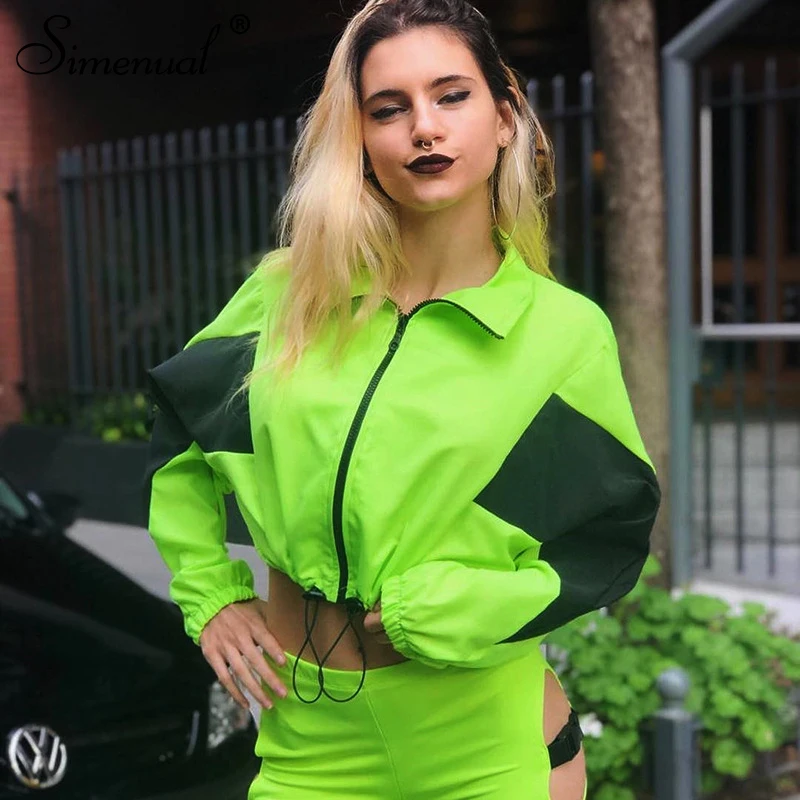 

Simenual Casual Patchwork Zipper Women Jackets Drawstring Long Sleeve Fashion 2019 Outerwear Sporty Workout Autumn Cropped Coats