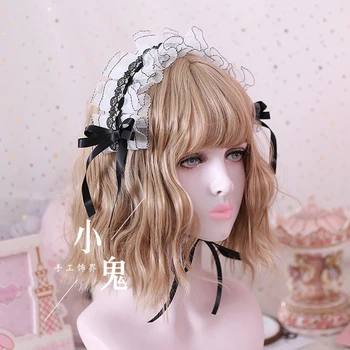 

Japanese Lolita Super Fairy Hair Bowknot soft sister Lolita daily Hair accessories Black KC Hairband White Lace Dark Headdress