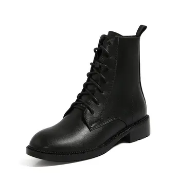 

2020 New Vintage Cross Tied Genuine Leather Ladies Boots Side Zipper Round Toe Thick Heels Pumps Winter Basic Party Shoes Woman