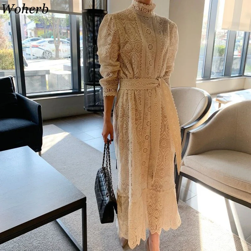 

Woherb 2020 Korean Spring Women Clothing Lace Vestidos Drawstring Hollow Out Floral Elegant Sloid Ladies Long Sleeve Dress 92191