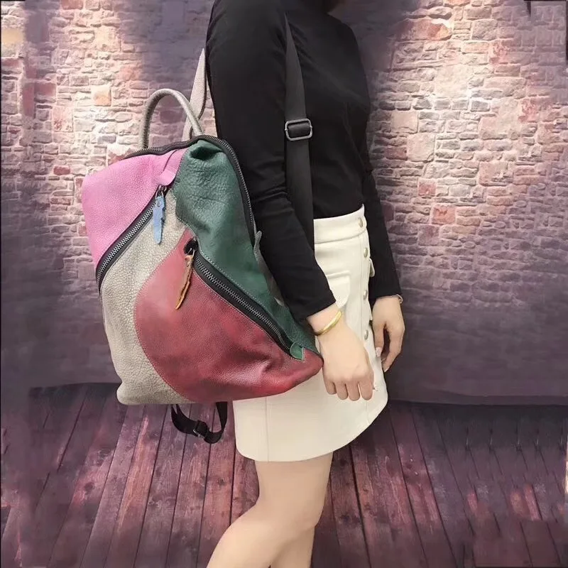 Женские рюкзаки из натуральной кожи в стиле пэчворк; школьная сумка для отдыха из натуральной коровьей кожи; цветная сумка для женщин; Mochila ; стиль