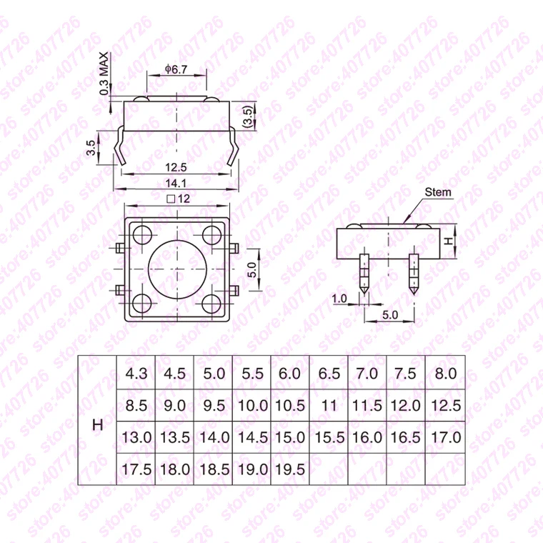 10 шт. 12X12 H = 4 3/4 5/5/5.5/6/7/8 ~ 17 мм контактный мгновенный тактильный переключатель DIP