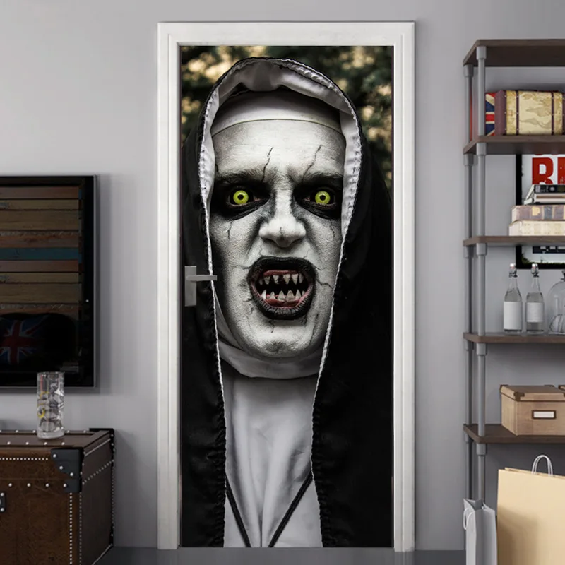 Halloween Creative Horror Door Stickers Nun with Vampire Teeth 3D Art Wall Sticker Scary Halloween Party Props Home Decor Halloween Creative Horror Door Stickers Nun with Vampire Teeth 3D Art Wall Sticker Scary Halloween Party Props Home Decor