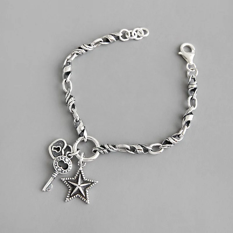 Boho ювелирные изделия ручной работы твист ключ-сердце, замок звезда цепи браслеты для женщин мужчин унисекс Винтаж 925 пробы серебряный браслет