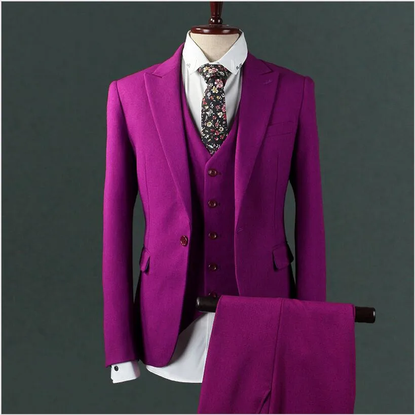 

Purple Style Men Suit 3 Piece Jacket Pants Vest Slim Fit Blazers Business Wedding Clothing Groom Male (Jacket+Pants+Vest) A212