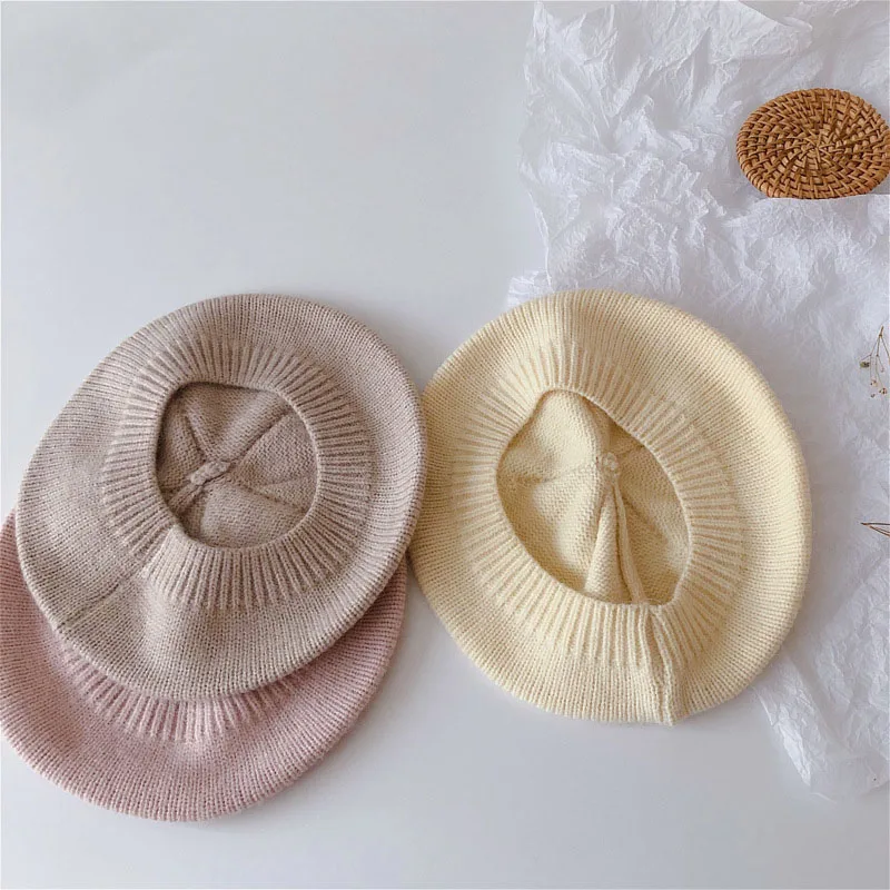 Baby Hat Knit Hat Fashion Baby Hat Solid Color Flower Girls Warm Beret Vintage Knitted Beret Hat Kids Autumn Winter Children Artist Painter Cap