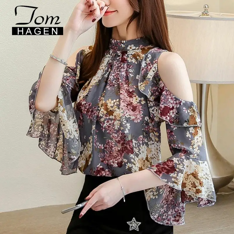 Женская шифоновая блузка с оборками рукавом-бабочкой и воротником-стойкой |