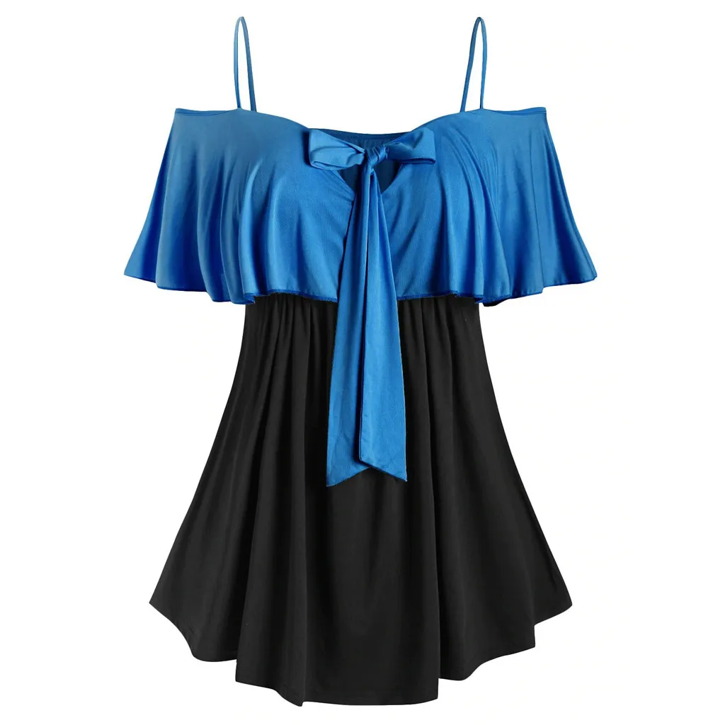 

Plus size two-tone stitching ruffled bow knotted shirt, one-shoulder shoulder strap, sexy off-shoulder plus size shirt 02*