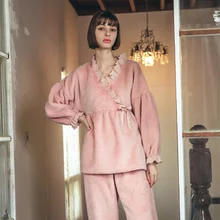 Korean Pajamas Coral Velvet Women's Autumn And Winter New Thickened Double-sided Princess Lovely Home Clothes Vintage Pink Best