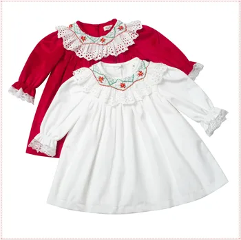 

Baby Girl Autumn Winter Red White Green Long Sleeve Handmade Smocked Colar Velvet Doll Princess Dress for Chritmas Party Casual