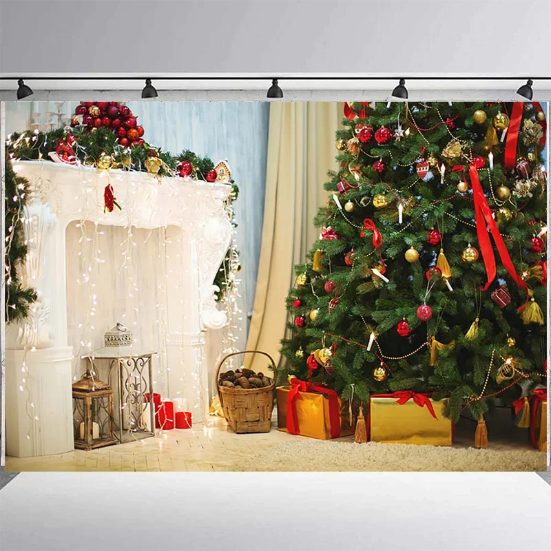 

Christmas Decoration Tree Backdrop White Fireplace Candle Gift Box Photo Background Indoor Children Backgrounds for Photo Studio
