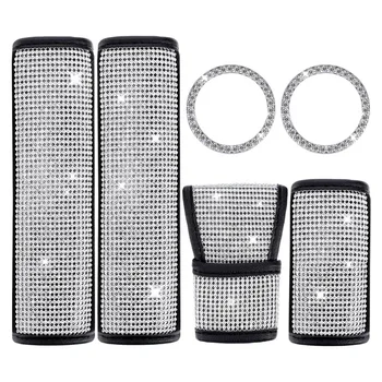 

6Pcs Crystal Rhinestone Include Shift Gear Cover Auto Handbrake Cover Seat Strap Belt Shoulder Pads Ring Emblem Stickers