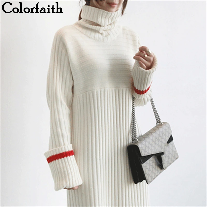 Colorfaith, новинка, Осень-зима, женские платья, пэчворк, водолазка, прямой, вязанный, теплый свитер, элегантный, офисный, для девушек, DR6788