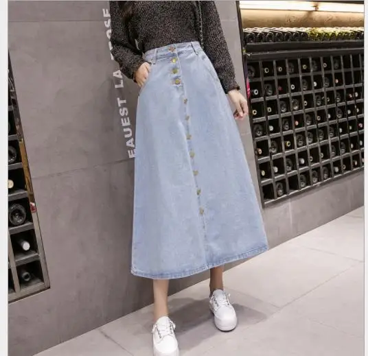 Light Blue Модная женская джинсовая юбка, весна-лето, Джинсовая юбка трапециевидной формы, на пуговицах, высокая талия, до середины икры, ковбойские юбки, женские повседневные M338 - Цвет: Light Blue