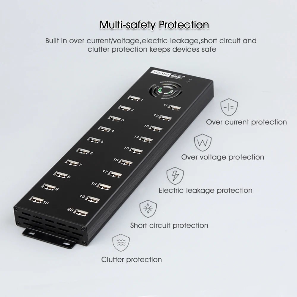 Sipolar multi 20 ports USB 2.0 charger hub with external 12V10A desktop power adapter for data syncs and phone tablets charging 3