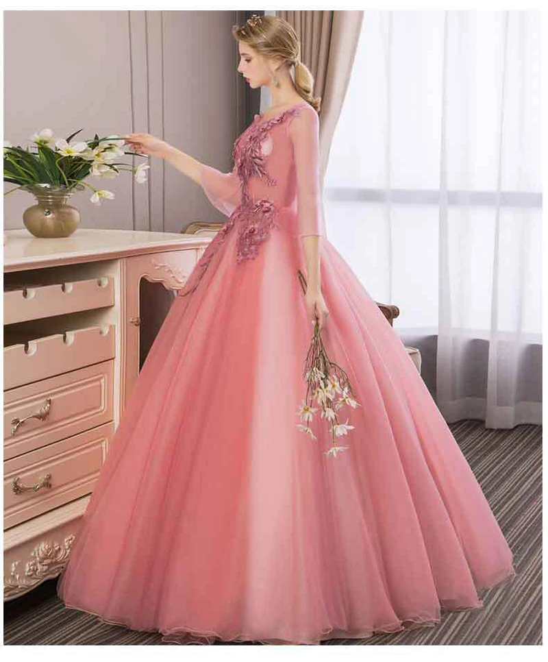 Robe De Soiree Новое Элегантное кружевное бальное платье с коротким рукавом и v-образным вырезом, Цветочная аппликация, фатиновое бальное платье, бальные платья