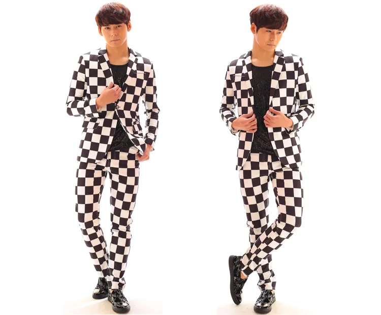 Bigbang Style Men Stage Costume Black White Plaid Suit Two PCS Male Drum Clothing Party Host Costume Singer Stage Clothes BL2196
