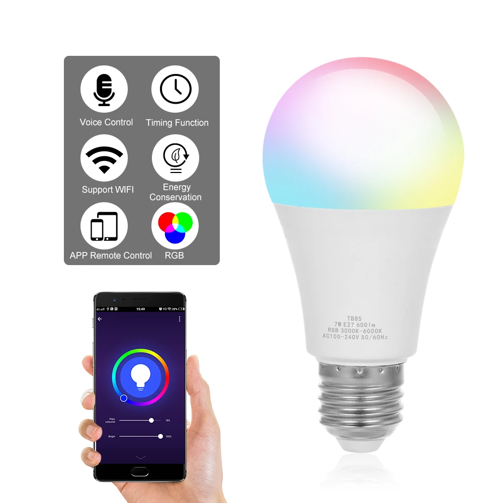 9 Вт умная WiFi Светодиодная лампа светильник RGB затемнения E27 телефон голосовой