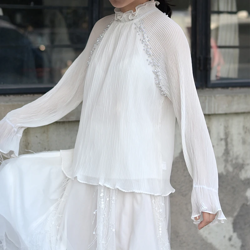 white GCC3019 XITAO, шифоновая кружевная модная блузка, женская мода, новинка, вышивка бисером, длинный рукав, элегантная, маленькая, свежая, повседневная, свободная рубашка, GCC3019 - Цвет: white GCC3019