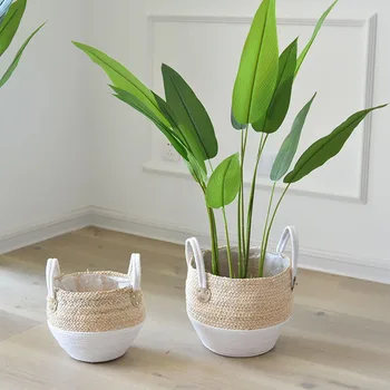 

Rattan Storage Basket Desktop Natural Woven Wicker Basket Durable Toy Sundries Straw Storage Plant Snack Laundry Box with Handle