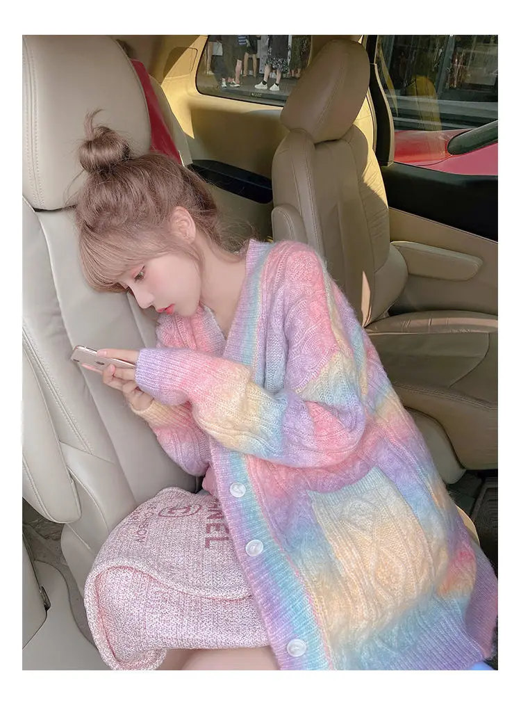 Rainbow Knitted Cardigan Women Autumn winter Sweet Kawaii Sweater Coat Female Long Korean Button Down Cardigan Fall 2020 Women