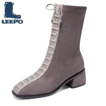 

Mid Calf Boots for Women Sheepskin Snake Pattern Stretch Knitted Female Luxury High Quality Shoes Spring Autumn Long Boots Woman