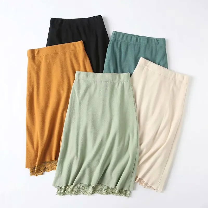 Черная, бежевая, зеленая, оранжевая Гибкая эластичная средней длины трапециевидная кружевная теплая вязаная юбка с высокой талией для женщин, женские юбки saias