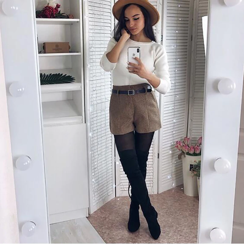 Ceny Spodenki damskie zimowe jednokolorowe wełniane szorty wysokie Wiast szerokie nogawki krótkie spodnie zapinane na pasek damskie spodenki booty