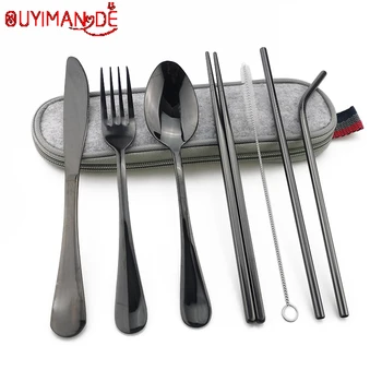

Dinnerware Set Travel Camping Cutlery Set Reusable Silverware with Metal Straw Spoon Fork Chopsticks and Portable Case