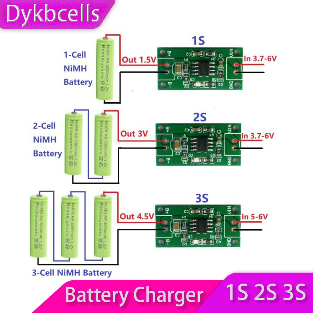 Dykbcells 1S 2S 3S CELL 1A NiMH Rechargeable Battery Charger Module Charging voltage 1.5V 3V 4.5V Input 3.7V-6V toys car Solar |