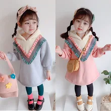 Модные толстовки с капюшоном для маленьких девочек теплое бархатное платье с кружевным воротником Зимние Повседневные платья для девочек детская одежда, vestido