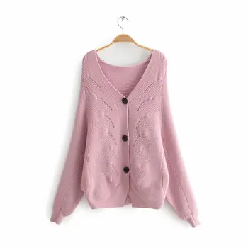 

Autumn new women's European and American style V-neck long-sleeved three-button hollow design loose cardigan sweater women's