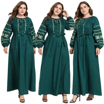 

Women Elegant Muslim Maxi Dress Long Sleeve Dubai Abaya Islamic Embroidery Robe Gown O-neck With Belt 2019 Autumn Dress Fashion