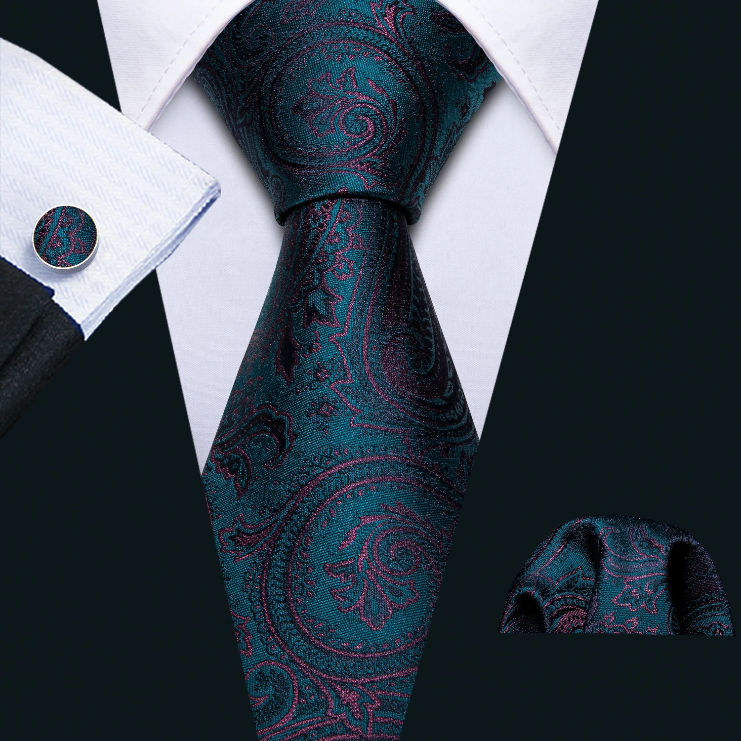 

Navy Teal Men Tie Paisley Necktie Gravat Handkerchief Set Silk Ties For Men Party Business Gift Barry.Wang Designer FA-5227