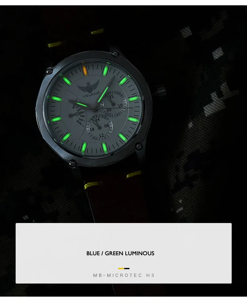 T100 Тритий часы, мужские кварцевые наручные часы Yelang светящийся человек водонепроницаемый relogio мужские спортивные наручные часы V1027-кожаный ремешок