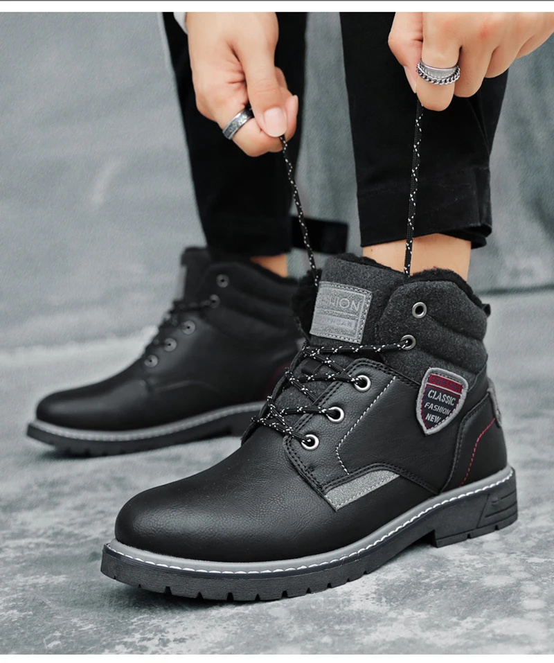 Merkmak Winter Warm Fur Men's Boots Leather Ankle Boots Waterproof Snow Boots Outdoor Desert Boots Comfortable Motorcycle Boots