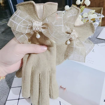 Women Winter Keep Warm Cashmere Thicken Touch Screen Khaki Color Pearl Lattice Bow Decoration Cute Lovely Elegant Luxury Gloves 1