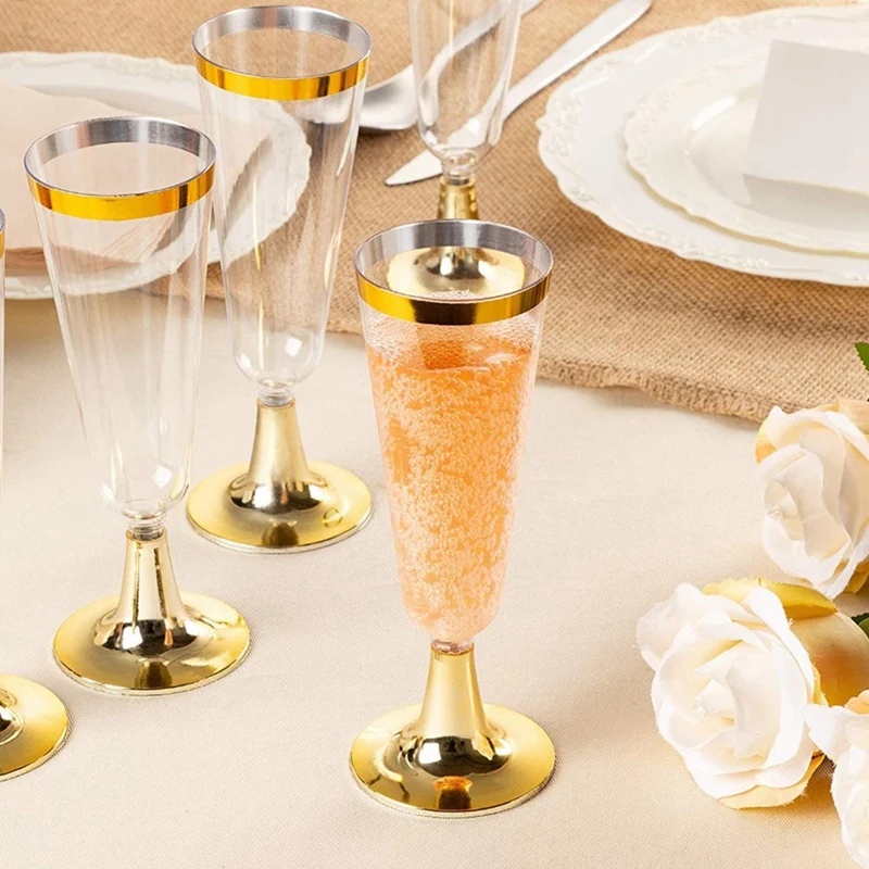 24 Пластиковые Золотые оправы для шампанского | 5,5 Oz. Прозрачные Жесткие одноразовые вечерние и свадебные стекла