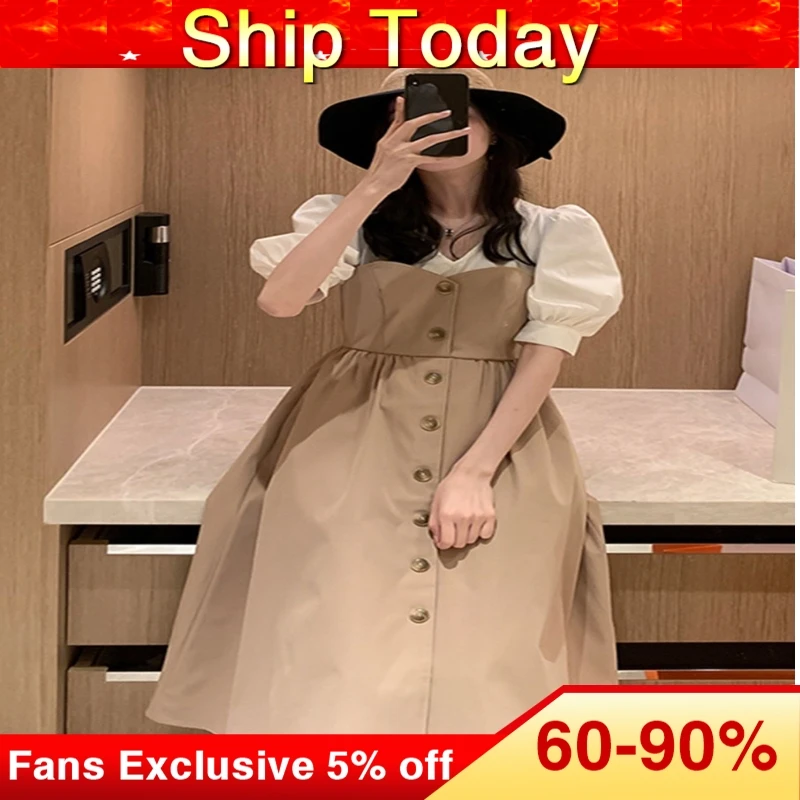 

Fake Two Pieces Dress Woman Puff Sleeve Summer V Neck Long Korean Dresses