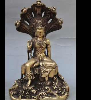 

zhmui8800283912<+12"chinese buddhism brass 5 snake head King cobra Kwan-Yin goddess buddha statue