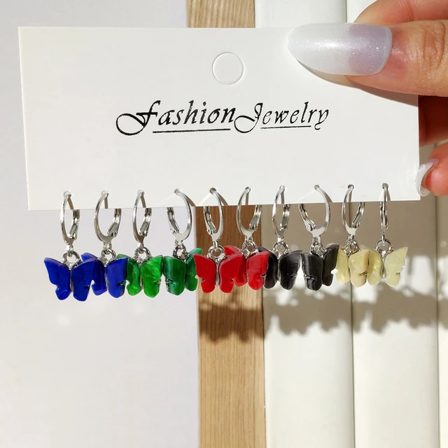 Flatfoosie 5Pair Pink Blue Heart Butterfly Drop Earrings Set For Women Boho Cute Star Moon Eye Dangle Earring 2022 Trend Jewelry 160004SL