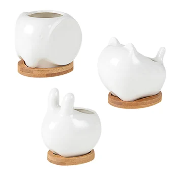 

Ceramic Animal Succulent Flowerpot Set Kitten + Bamboo Support (excluding Plants) Flower Pots For Desktop Home Decoration