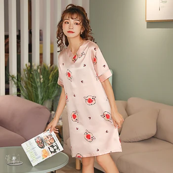 

Sexy Silk Satin Cute cartoon Print Nightgowns for Women Summer Short Sleeve Home Dress Sleepwear night gown Nightdress Nighty