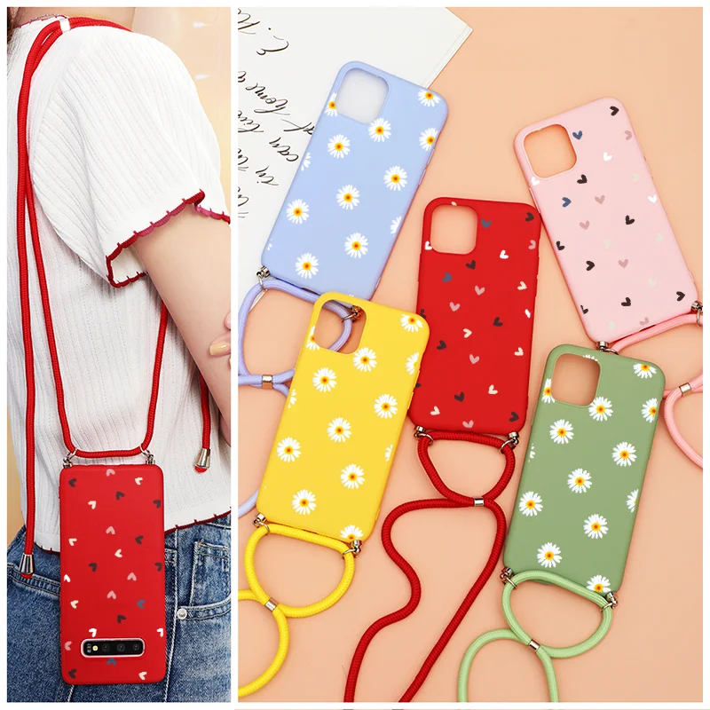 Daisy Flower Silicone Case For iPhone 12 mini 11 PRO XR XS MAX X 6 S 7 8 Plus 5 SE 2020 Crossbody Necklace Cord Lanyards Cover | Мобильные