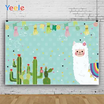 

Yeele Happy Birthday Flowers Cactus White Alpaca And White Spots Green Background Photophone Backdrops for Decor Customized Size