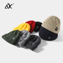 หมวกฤดูหนาว ADK ป้าย Skullcap Soft Bonnet คุณภาพ Slouchy Retro Gorros สั้นพับ Ribbed หมวกถัก Beanie Stret(China)