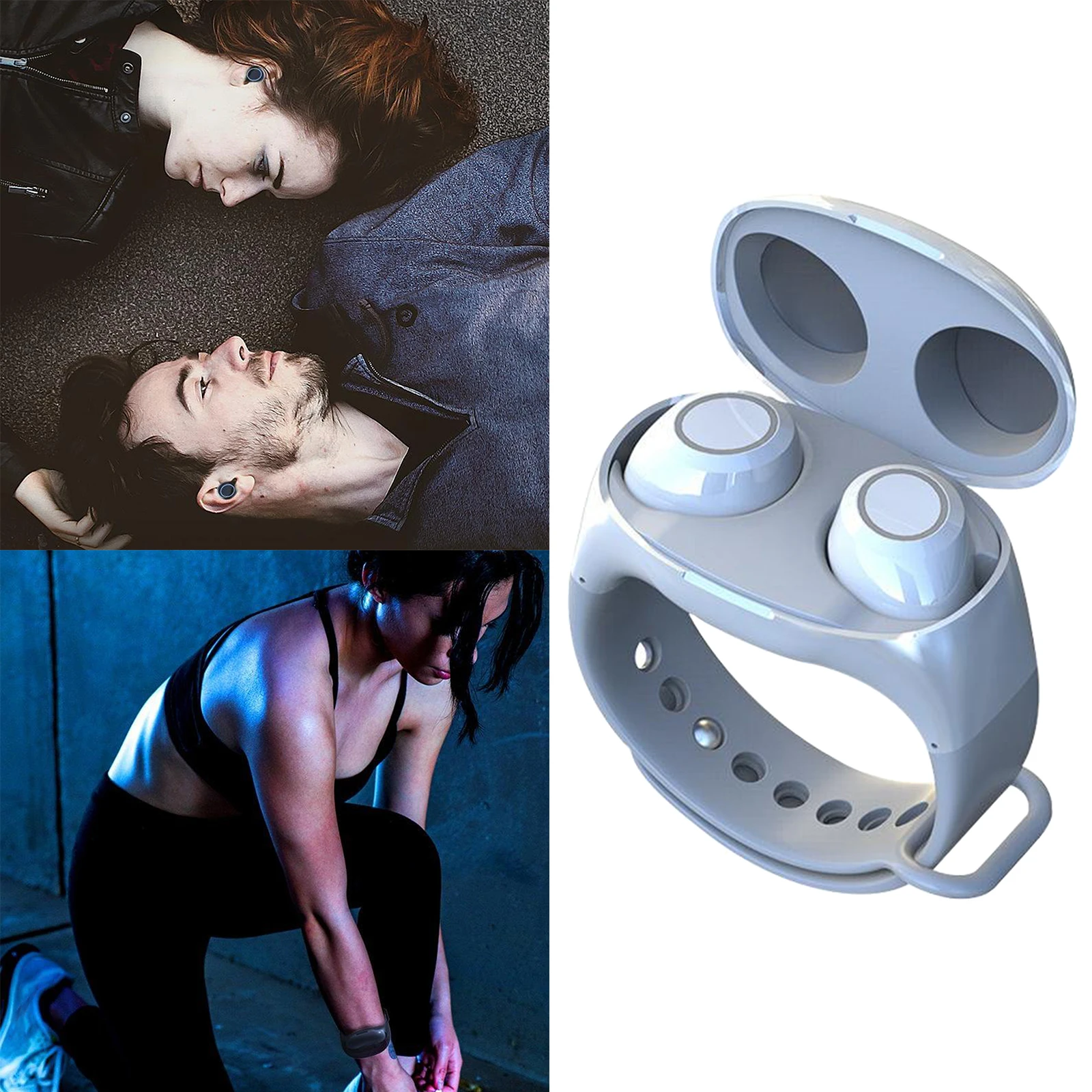 TWS 2 in 1 Bluetooth 5.0 Wireless Earphones Sport Handsfree Earbuds Headset with Smart Wristband Bracelet Style Charging Case