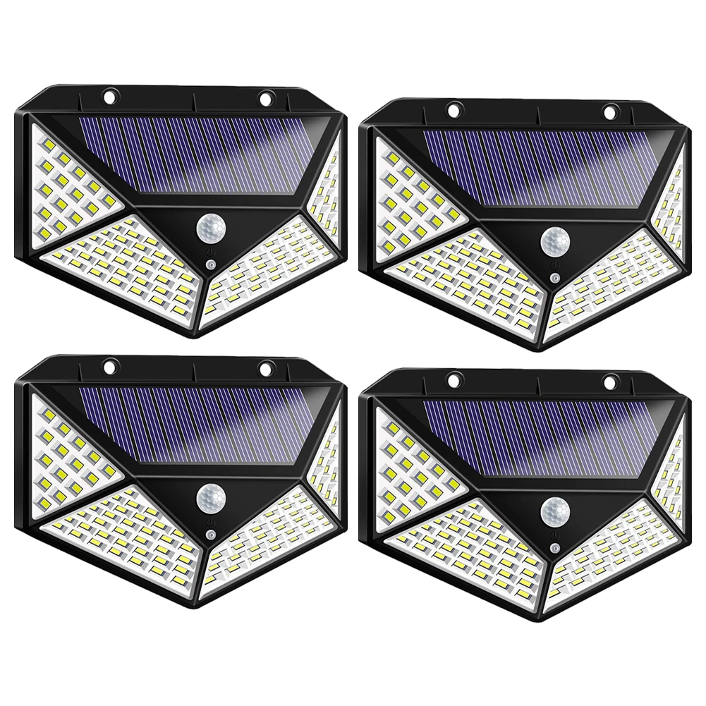 4pcs 100LED 100 светодиодный четырехсторонний светильник на солнечной энергии, 3 режима, 120 градусов, датчик движения, угол, настенный светильник, водонепроницаемый, для улицы, для двора, сада - Испускаемый цвет: 4pcs 100LED